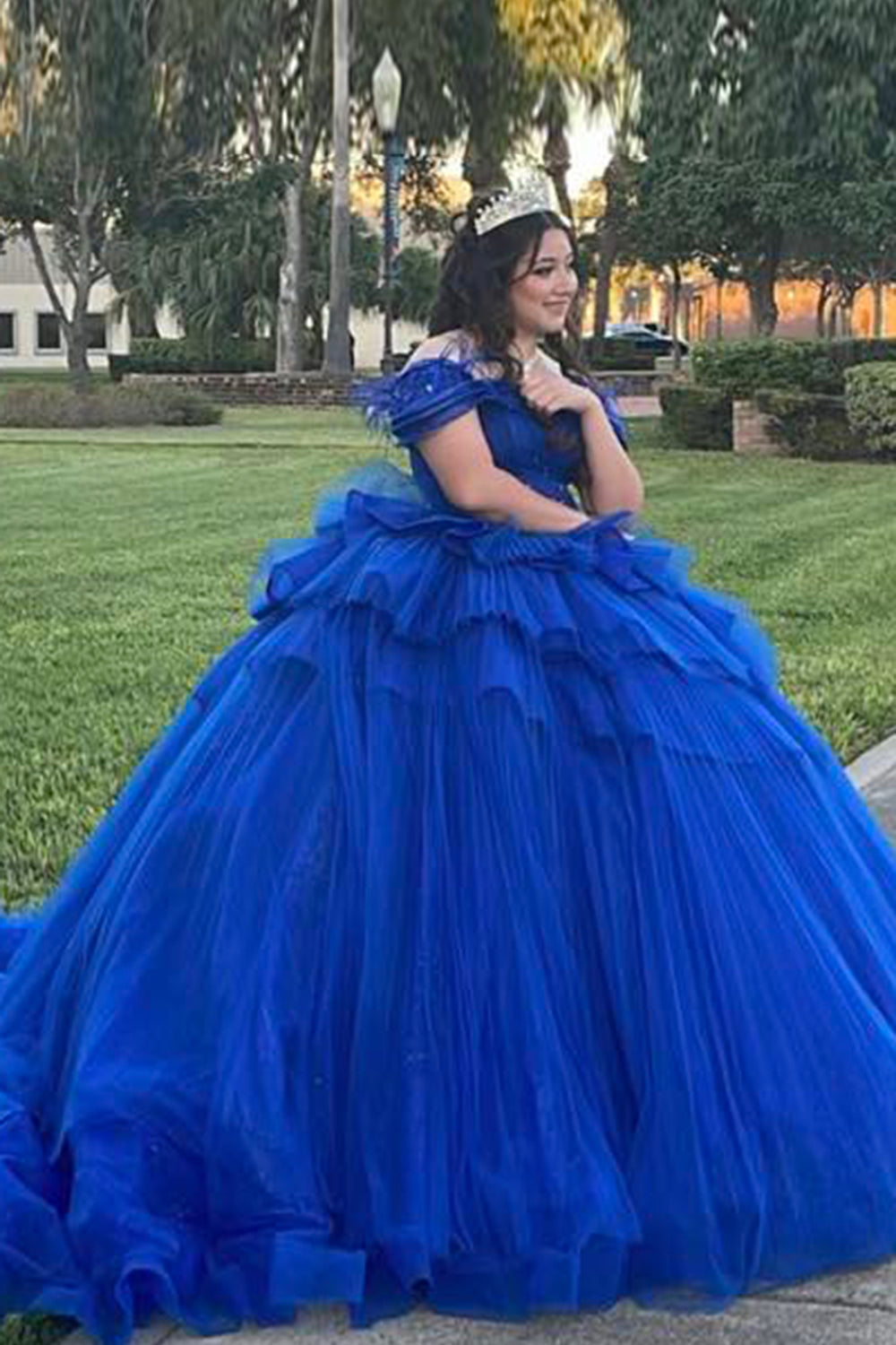 Off the Shoulder Royal Blue Tulle Quinceanera Ball Gown with Train