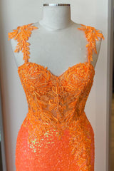 Orange Sequins Corset Prom Dress with Mermaid Spaghetti Straps and Appiques