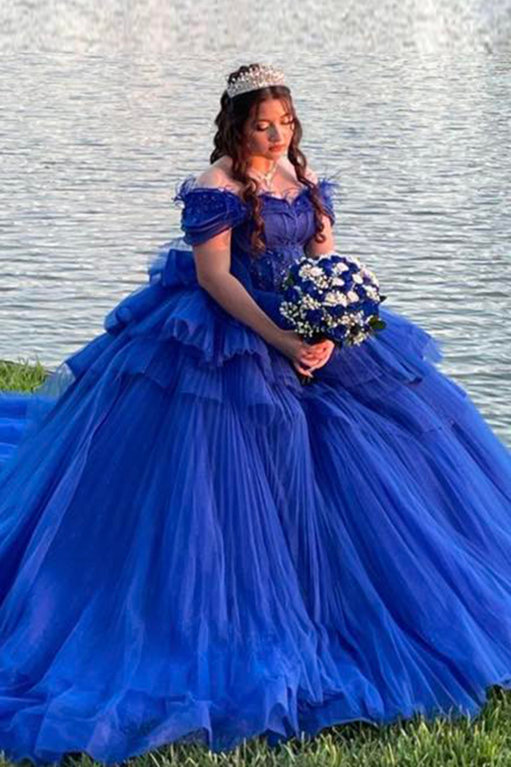 Off the Shoulder Royal Blue Tulle Quinceanera Ball Gown with Train