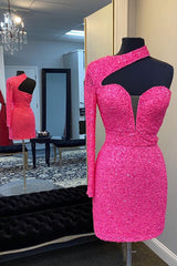 Hot Pink One Shoulder One Sleeves Tight Sequins Short Homecoming Dress/Mini Dress