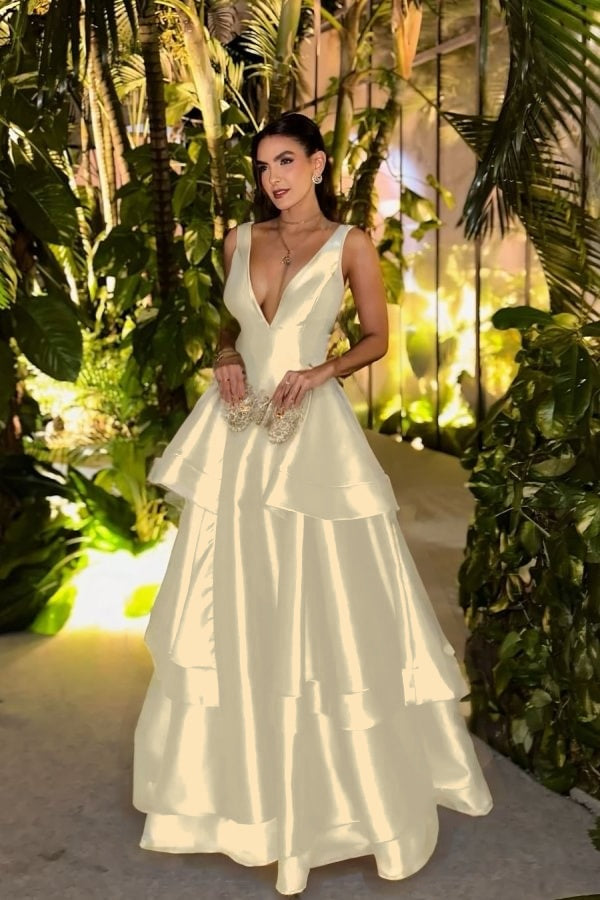 Straps Deep V Neck Sleeveless A Line Long Formal Dress With Pleated