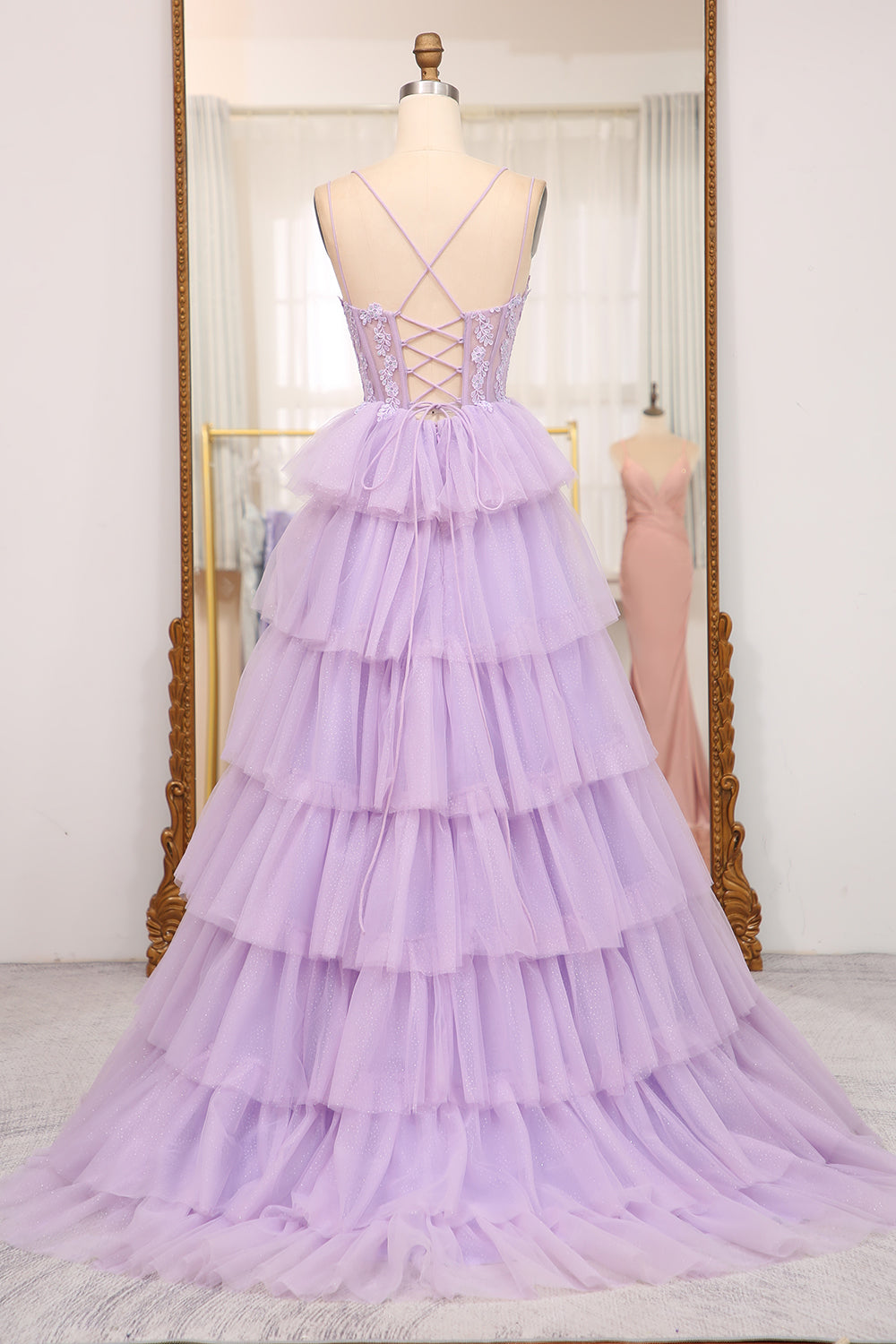 Long Prom Dress with Lilac Princess Spaghetti Straps and Tiered Tulle Appliques