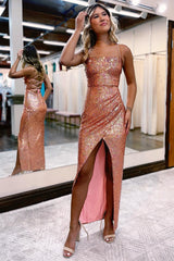 Blue Sequined Prom Dress with Silt and Halter Sheath Design