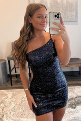 Royal Blue Glitter One Shoulder Tight Homecoming Dress/Mini Dress