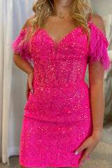 Sparkly Fuchsia Sequin Lace Tight Short Homecoming Dress/Mini Dress with Feathers
