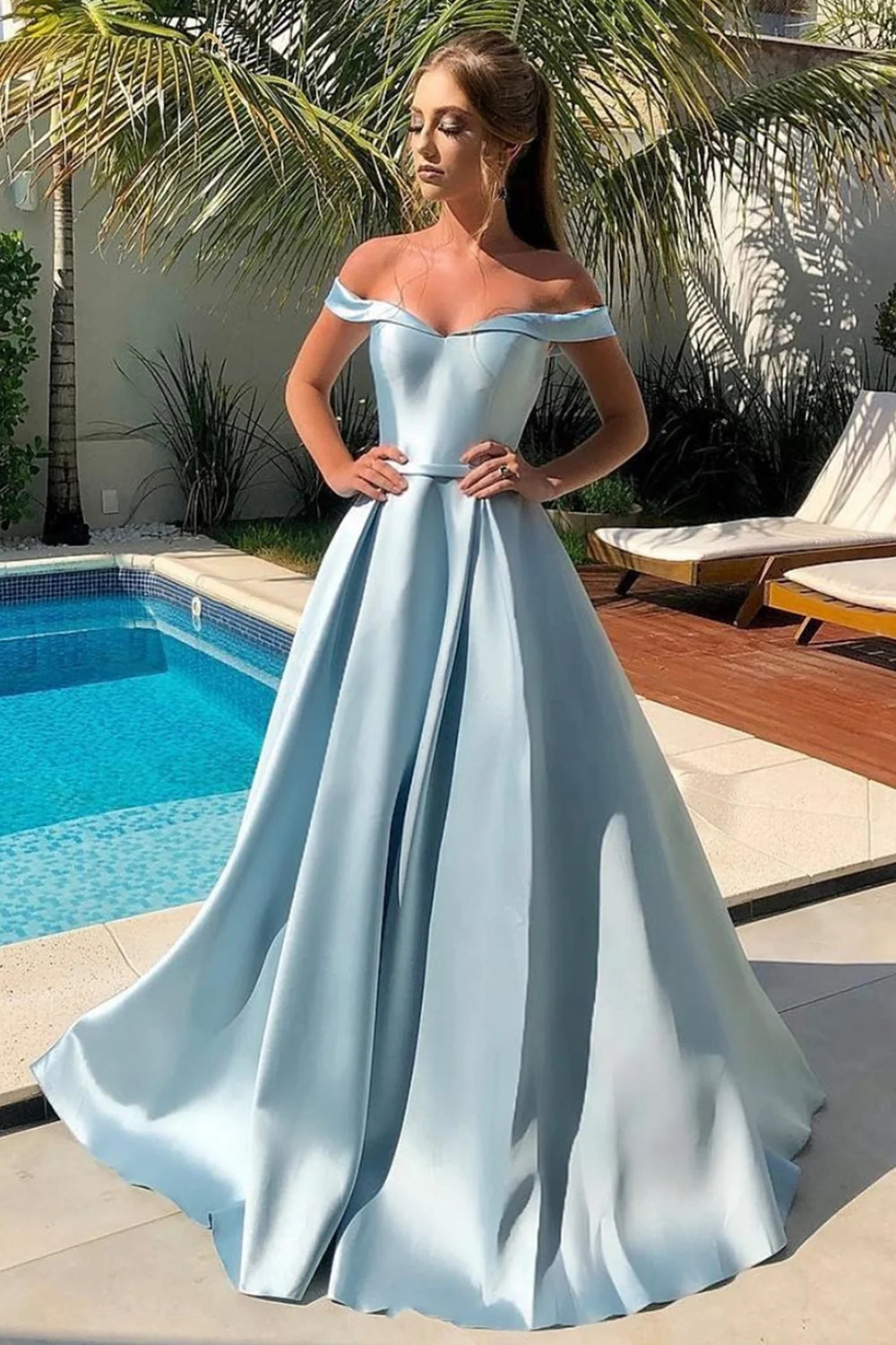 Long Blue Prom Dress with Off-the-Shoulder A-Line Design