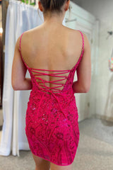Sparkly Fuchsia Sequined Lace Tight Short Homecoming Dress/Mini Dress