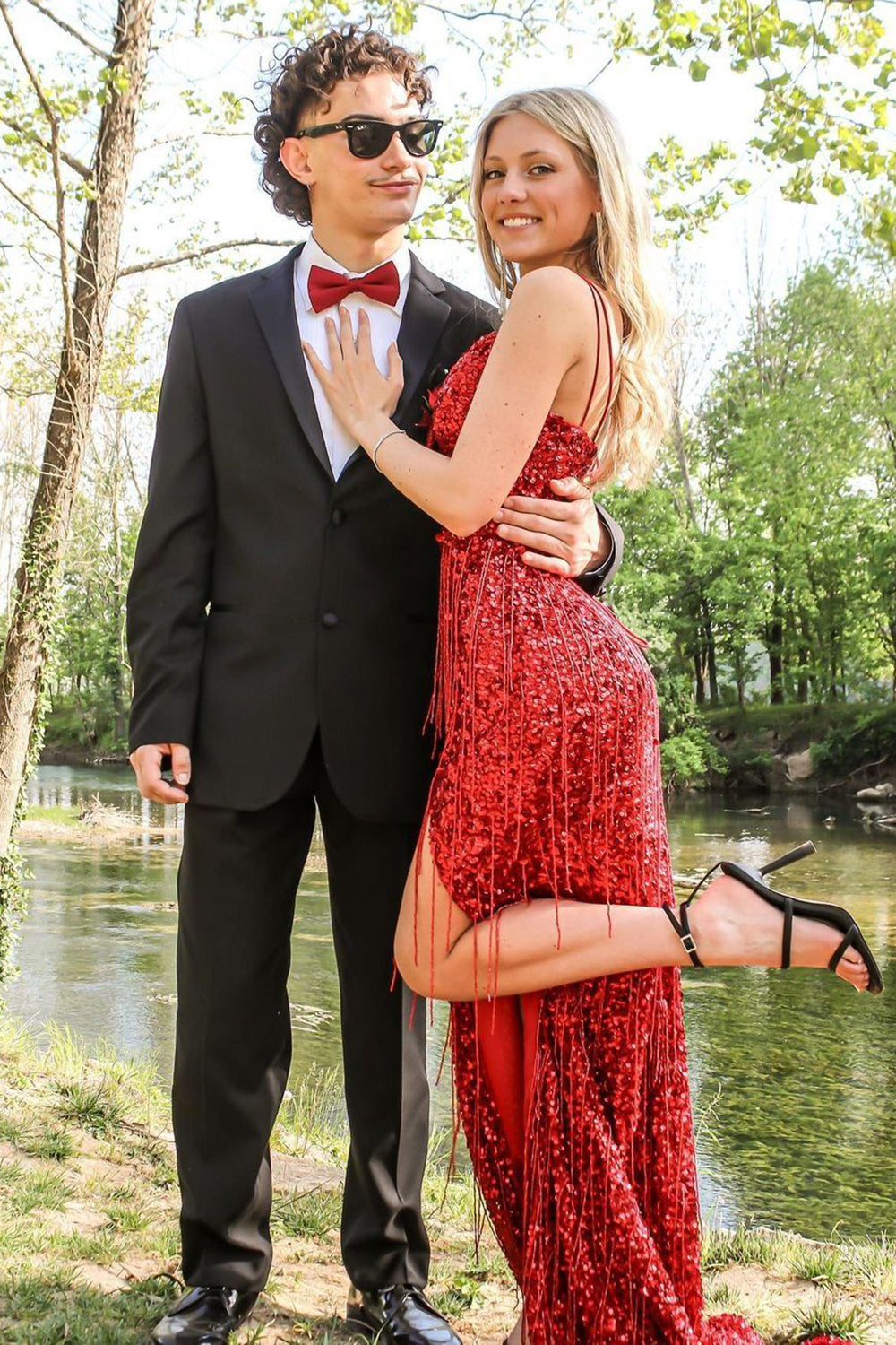 Long Red Sequined Prom Dress with Mermaid Spaghetti Straps and Front Split