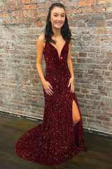 Burgundy Sequined Long Prom Dress with Deep V Neck and Silt in Mermaid Style