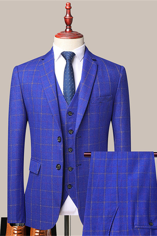 Casual Royal Blue Plaid Prom Attire for Guys