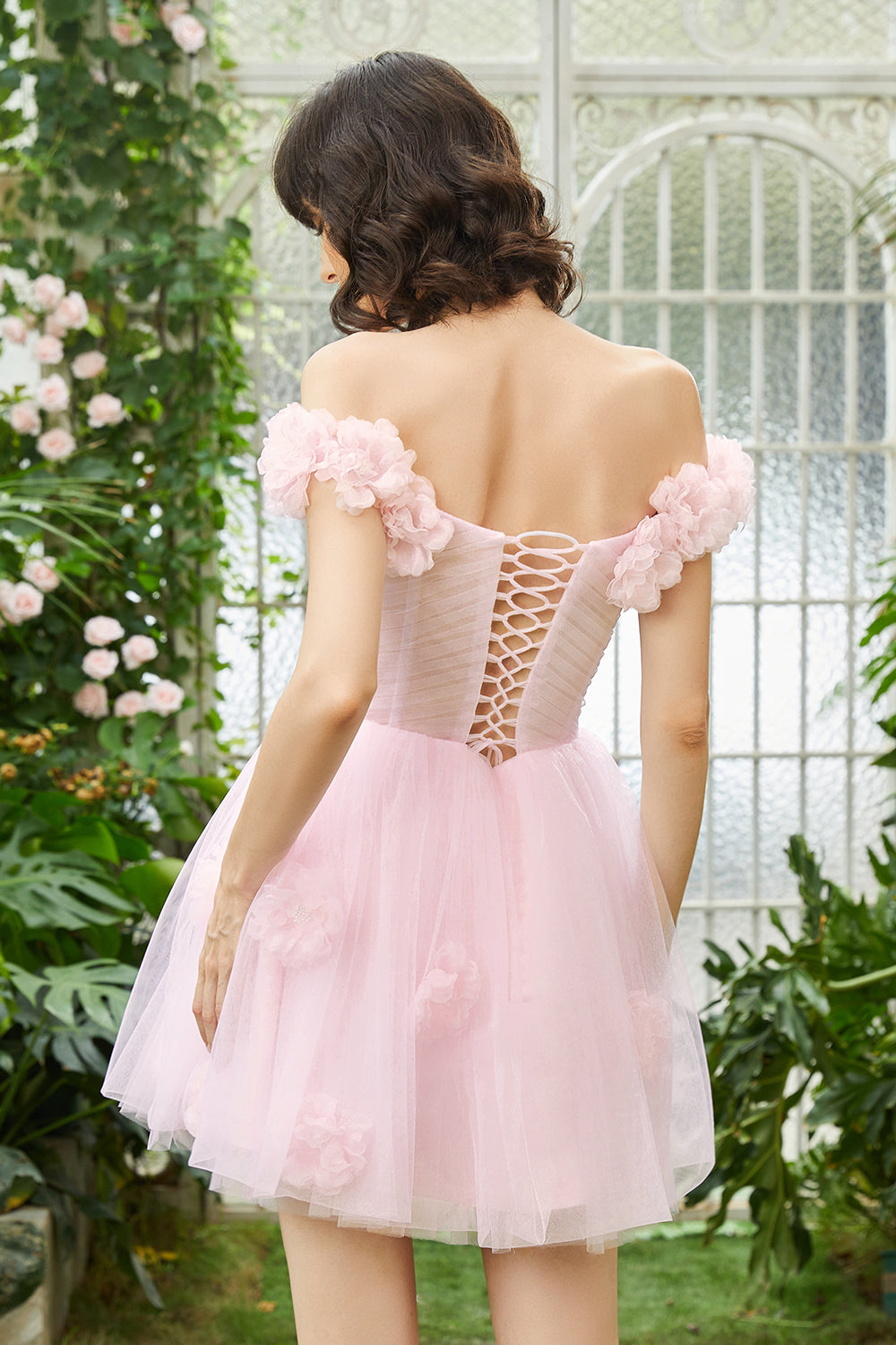 Pink Off the Shoulder Corset Homecoming Dress/Mini Dress With Flowers