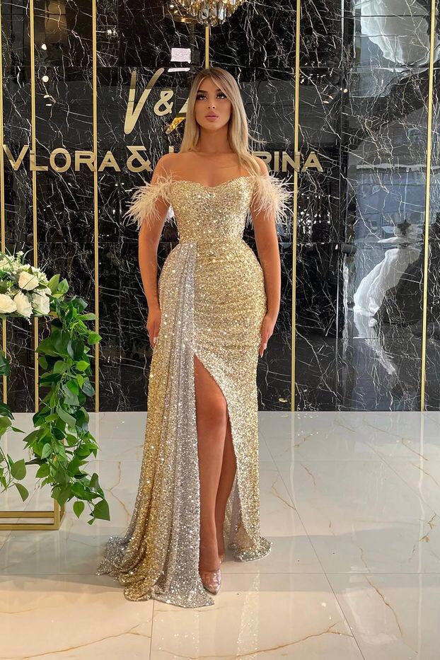 Sequins Off the Shoulder Strapless Mermaid Formal Dress Split With Ruffles