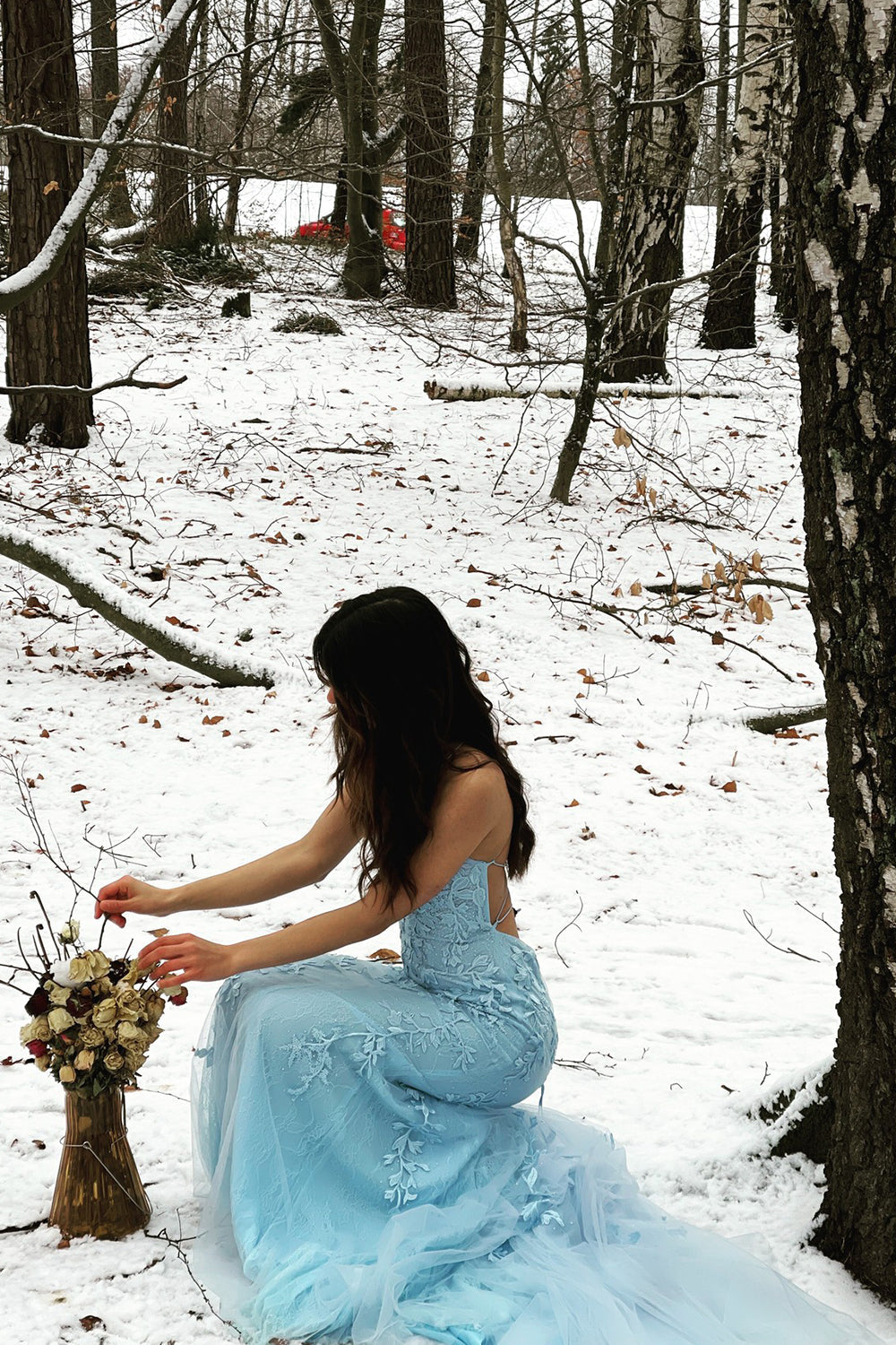 Long Blue Prom Dress with Mermaid Spaghetti Straps and Backless Design