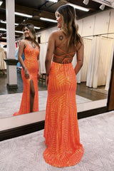 Long Orange Sequined Prom Dress with Criss Cross Back and Sheath Spaghetti Straps