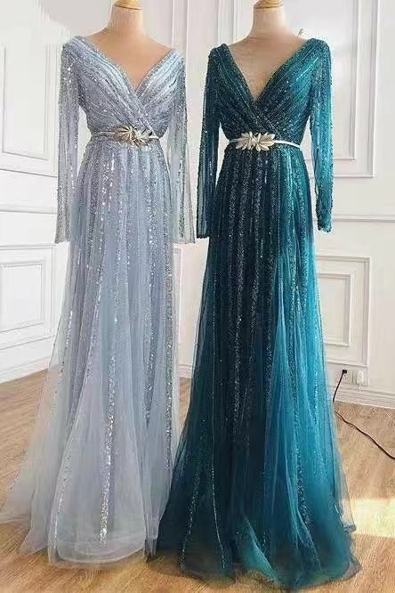Elegant Deep V-Neck Long Sleeves Sequins Evening Dress With Beads Tulle