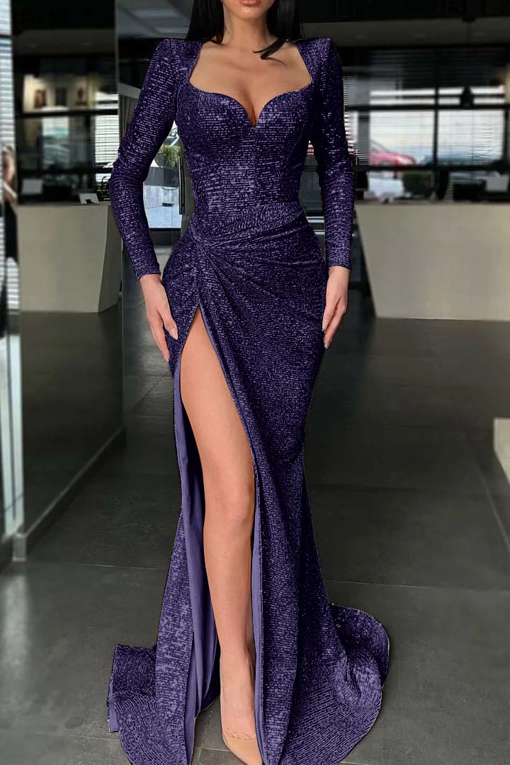 Long Sleeves Mermaid Evening Dress Split With Sequins