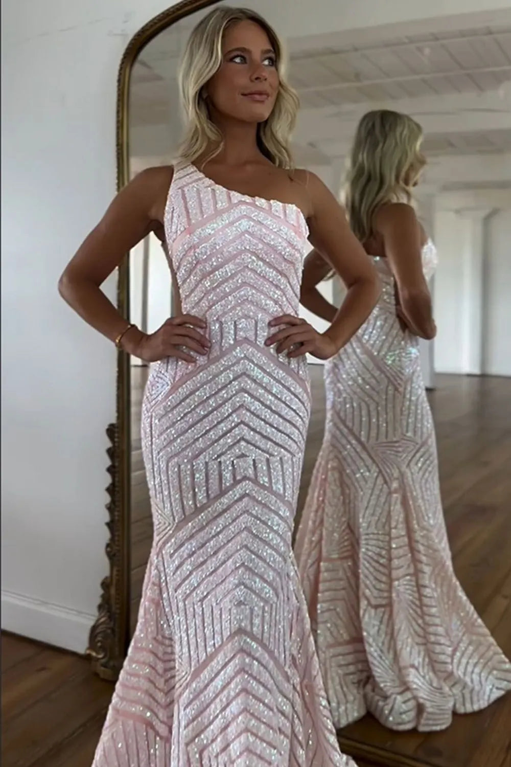 Fuchsia One-Shoulder Long Mermaid Prom Dress with Sparkly Sequins