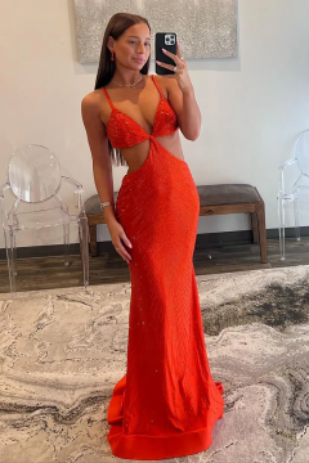 Red Glitter Mermaid Prom Dress with Beaded Spaghetti Straps and Cut-out Design