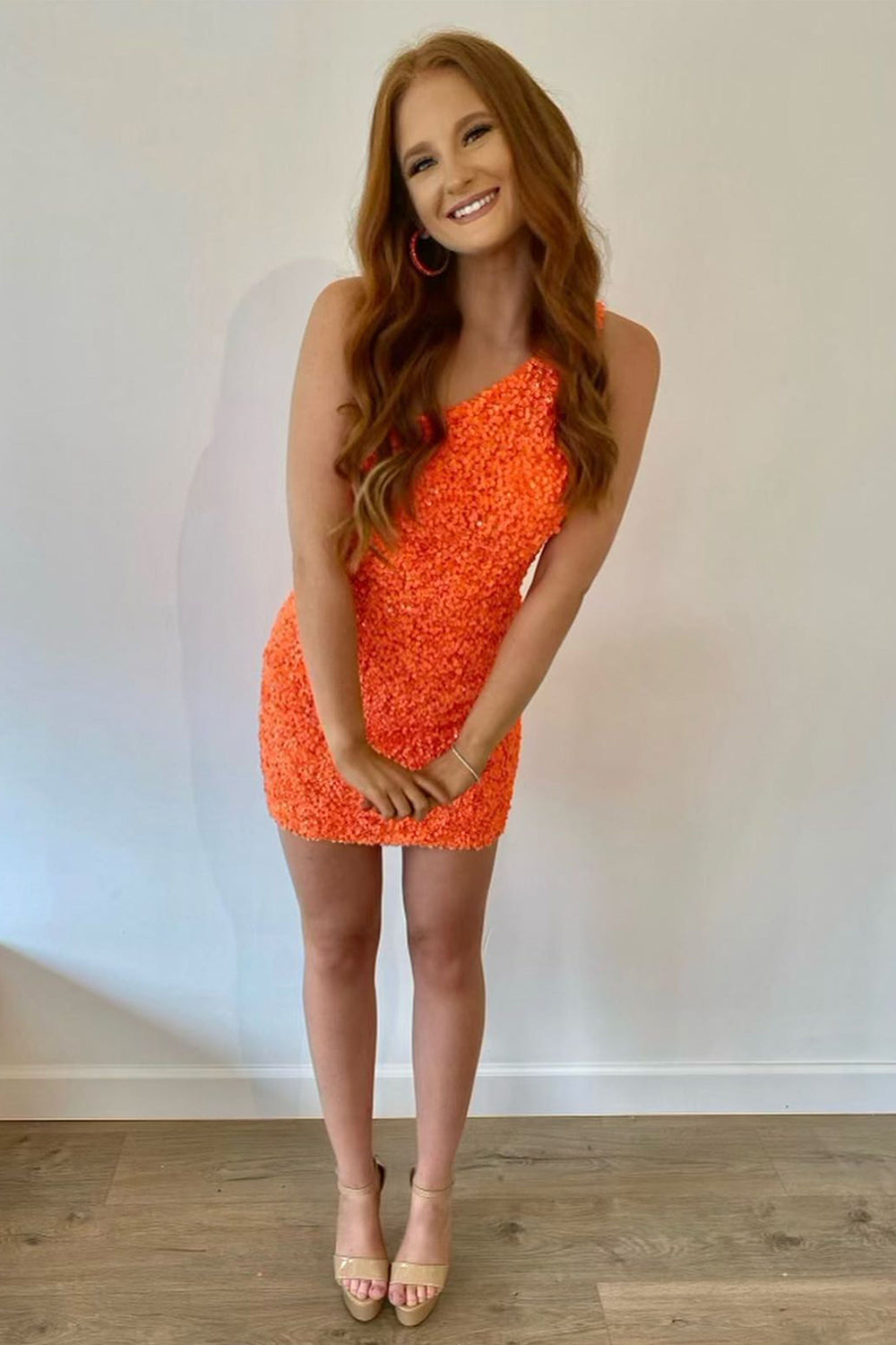 Orange One Shoulder Sequined Homecoming Dress/Mini Dress
