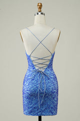 Sparkly Blue Beaded Lace-Up Back Tight Short Homecoming Dress/Mini Dress