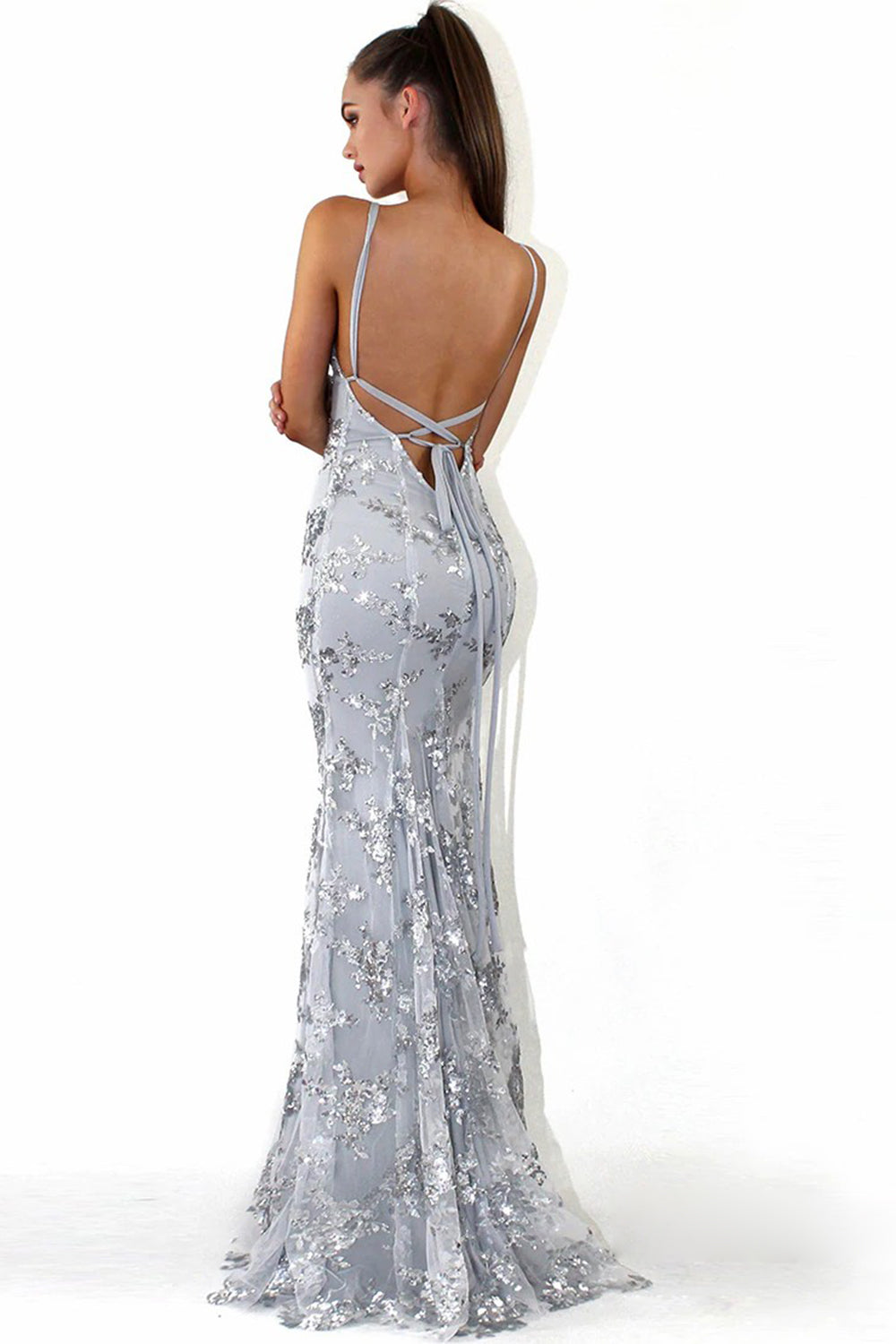 Prom Dress with Beaded Backless Design and Spaghetti Straps