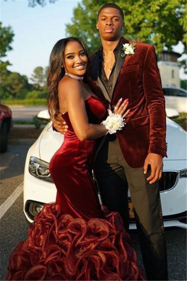 Fashion Red Business Velvet Reception Prom Suit with Black Shawl Lapel