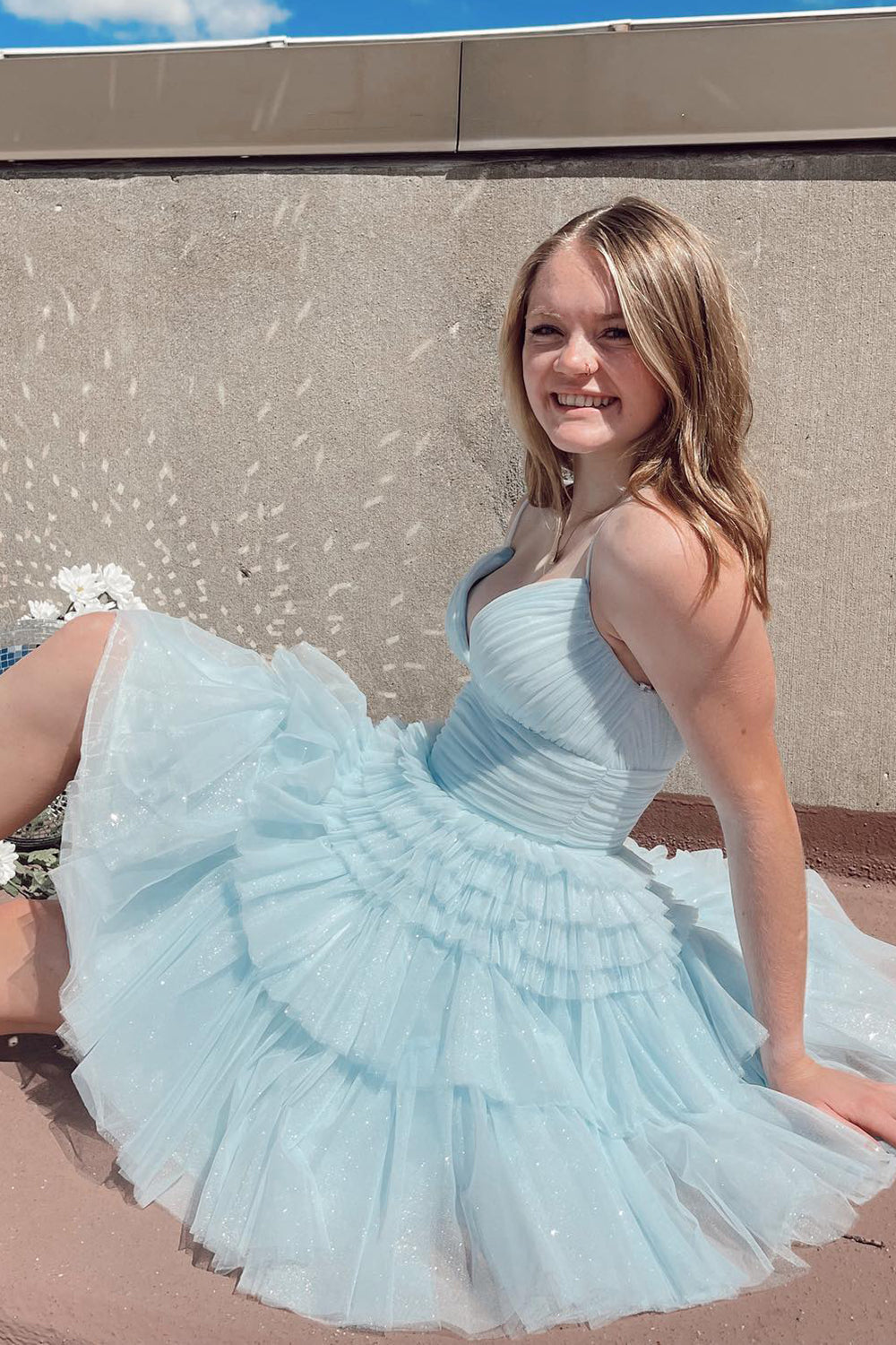 Glitter Black Tiered Spaghetti Straps Short Homecoming Dress/Mini Dress
