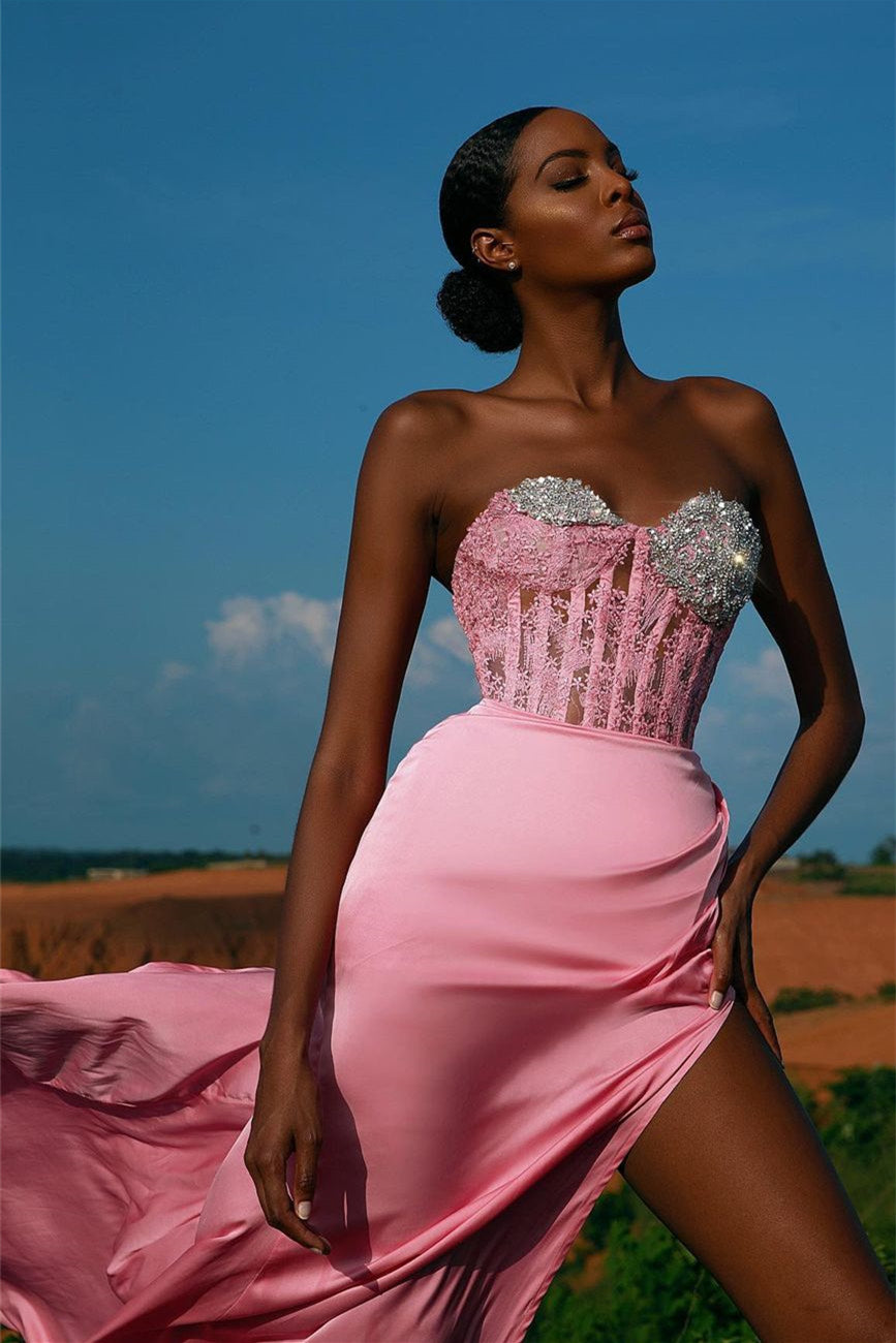 Pink Mermaid Sweetheart Split Evening Dress Beadings With Lace Appliques