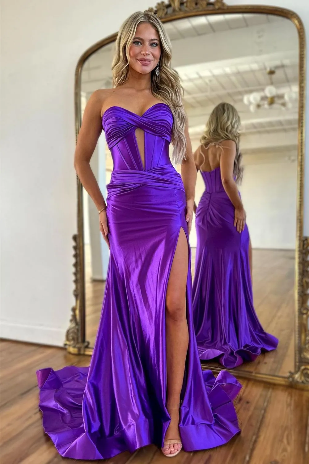 Long Sweetheart Purple Satin Mermaid Prom Dress with Corset and Split
