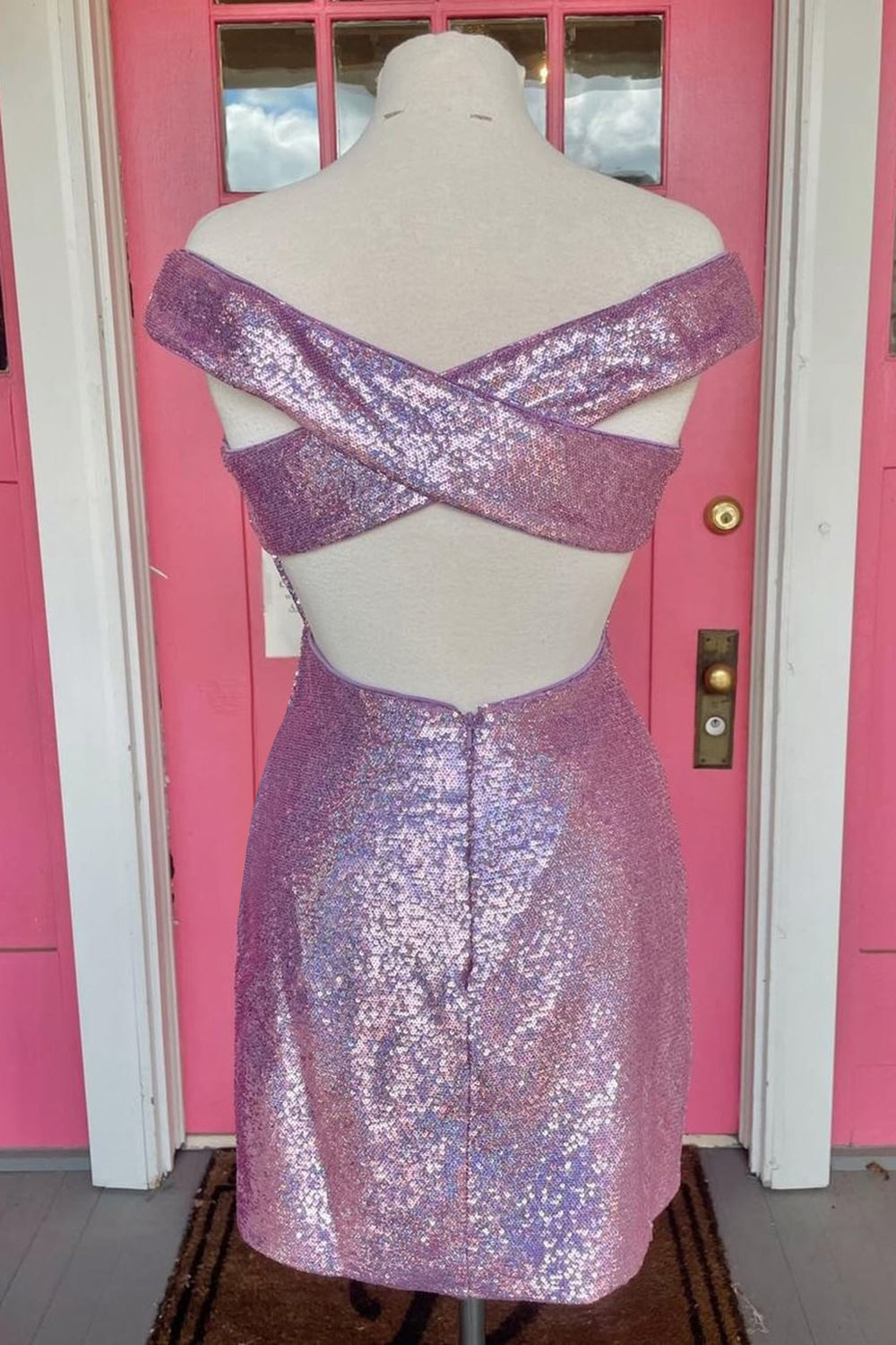 Sparkly Fuchsia Off The Shoulder Tight Short Homecoming Dress/Mini Dress