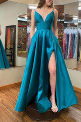 Simple Blue Prom Dress in A-line Style with Slit