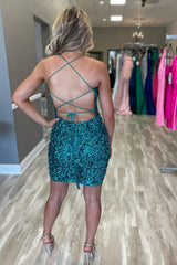 Sparkly Green Backless Spaghetti Straps Tight Short Homecoming Dress/Mini Dress