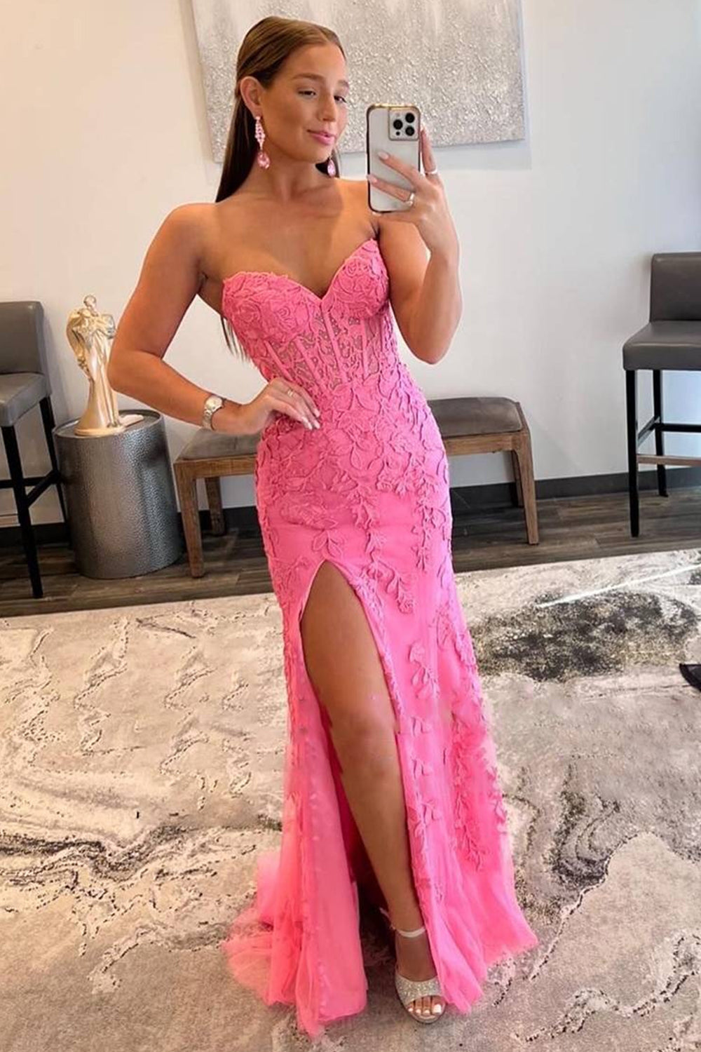 Long Black Sweetheart Corset Prom Dress Featuring Lace and a Slit