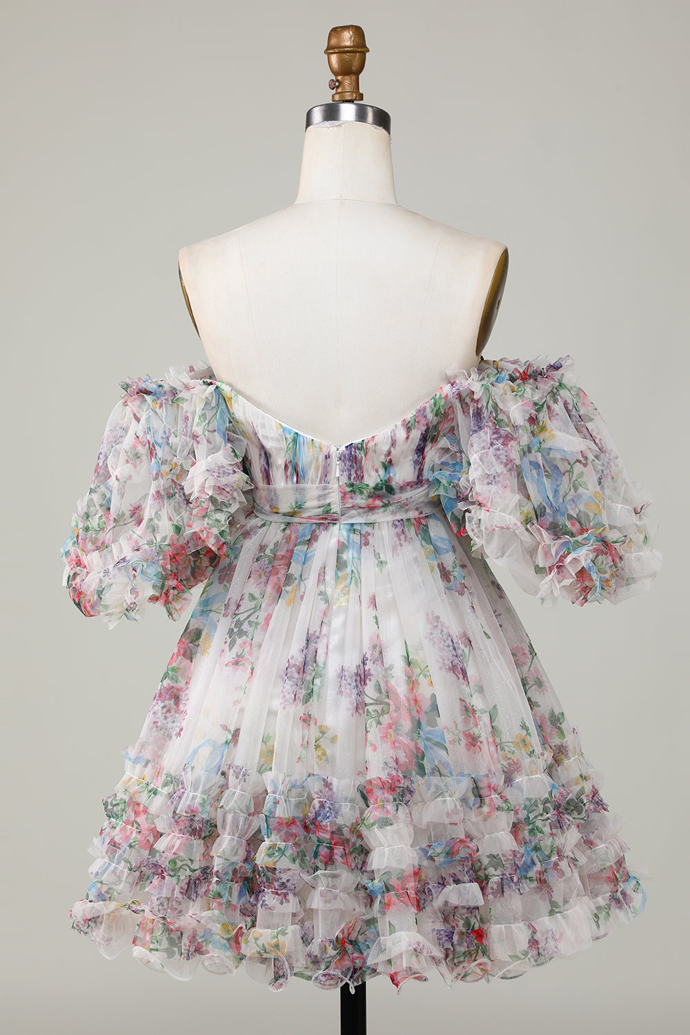Dark Blue Puff Sleeves A-Line Floral Short Homecoming Dress/Mini Dress with Ruffles