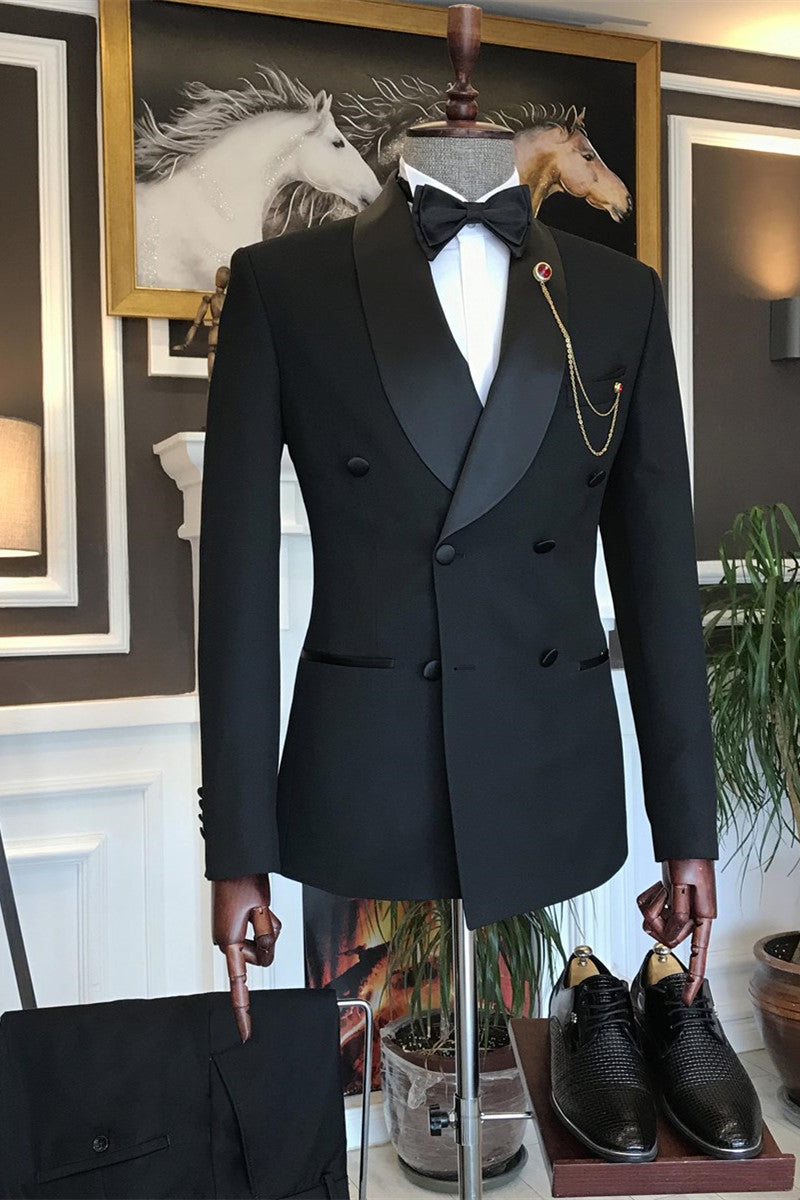 Stylish Slim-Fit Black Shawl-Lapel Tailored Men's Suit with Double-Breasted Style