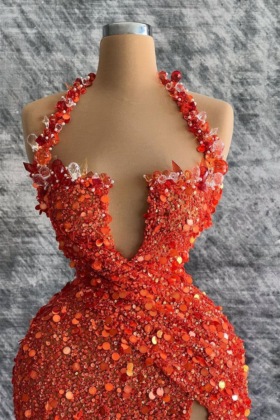 Red Halter Deep V-Neck Sequins Evening Dress Mermaid With Rhinestone Slit
