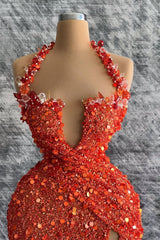 Red Halter Deep V-Neck Sequins Evening Dress Mermaid With Rhinestone Slit