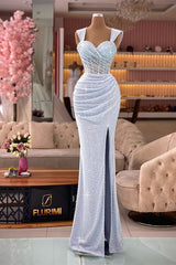 Classic Mermaid Sequins Sweetheart Split Straps Evening Dress With Pleated