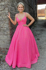 Long A-Line Prom Dress with Fuchsia Sequins and Spaghetti Straps