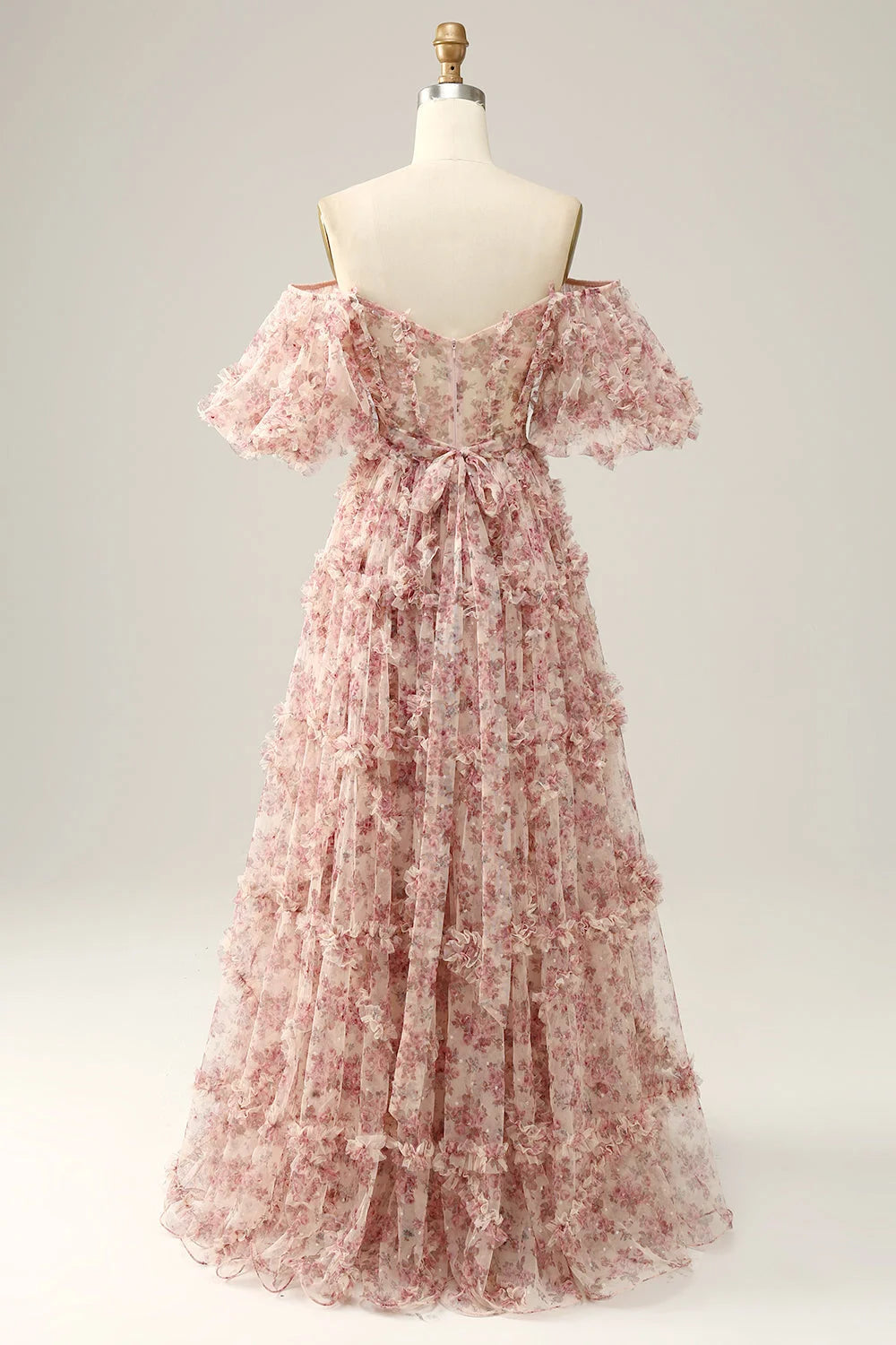 Elegant Pink Floral Printed Off-the-Shoulder Corset Prom Dress with Sweep Train