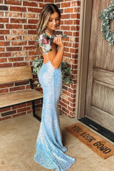 Long Prom Dress with Light Blue Mermaid Sequins