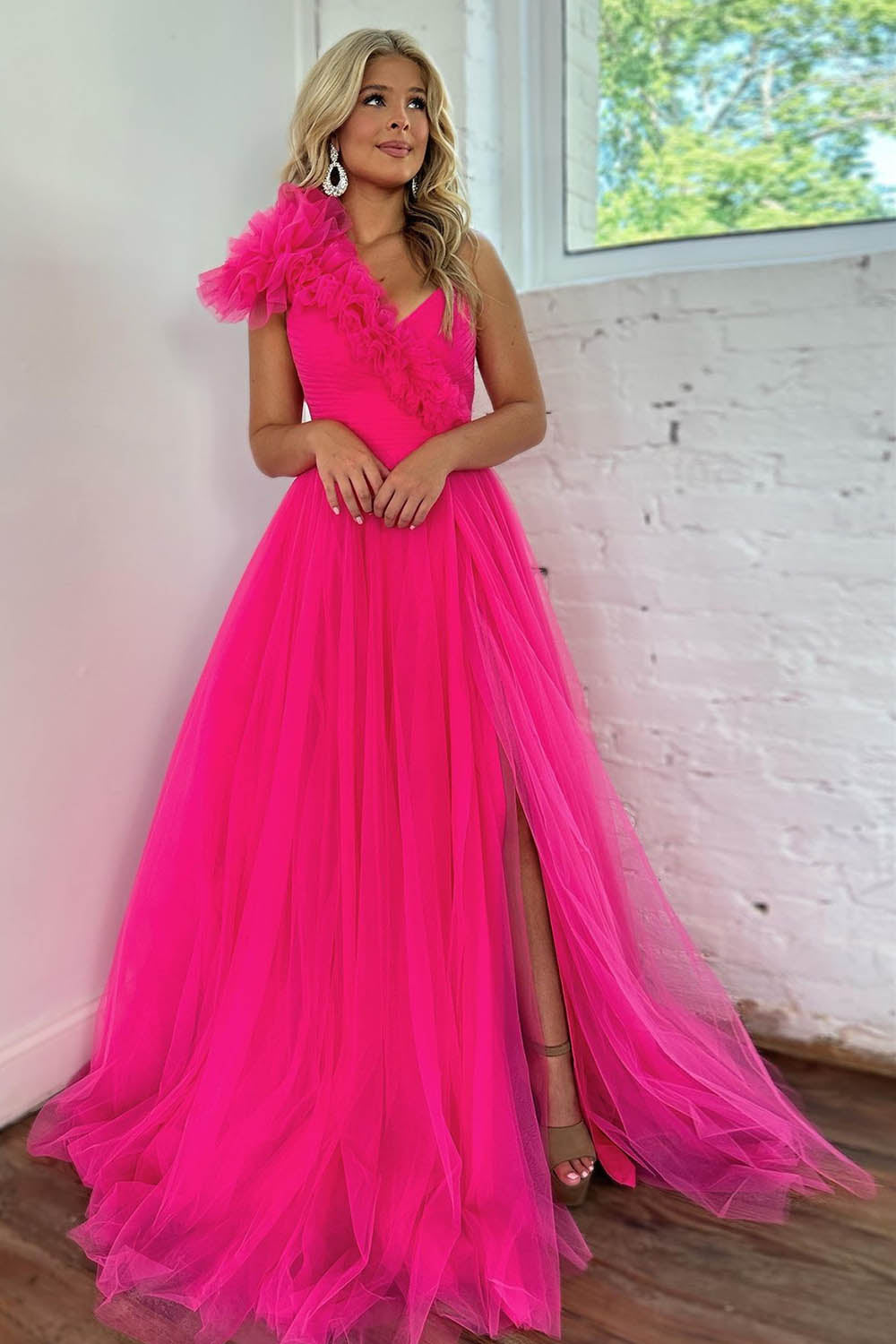 Elegant Fuchsia Long Prom Dress with One Shoulder A-Line and Front Split