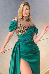 Charming Off-the-Shoulder Jade Beads Split Evening Dress With Ruffle
