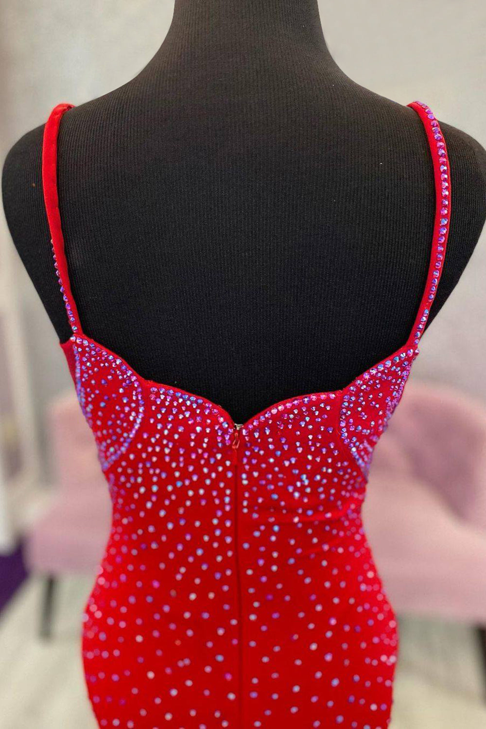 Red Long Prom Dress with Mermaid Spaghetti Straps and Beading