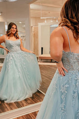 Light Blue Plus Size A-Line Prom Dress with Spaghetti Straps and Appliques
