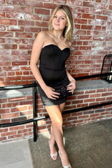 Simple Black Corset Sweetheart Sleeveless Tight Satin Homecoming Dress/Mini Dress