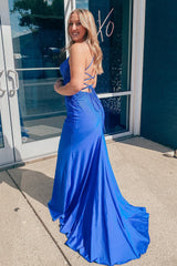 Plus Size Long Prom Dress in Royal Blue with Mermaid Beading