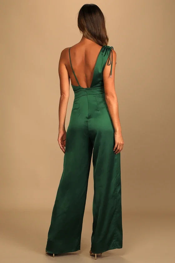 Retro Emerald Green Satin Asymmetrical Wide-Leg Jump Suit