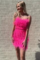 Sparkly Fuchsia Beaded Tight Short Homecoming Dress/Mini Dress with Feathers