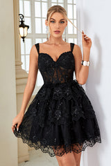 Black Corset A-Line Short Homecoming Dress/Mini Dress with Lace